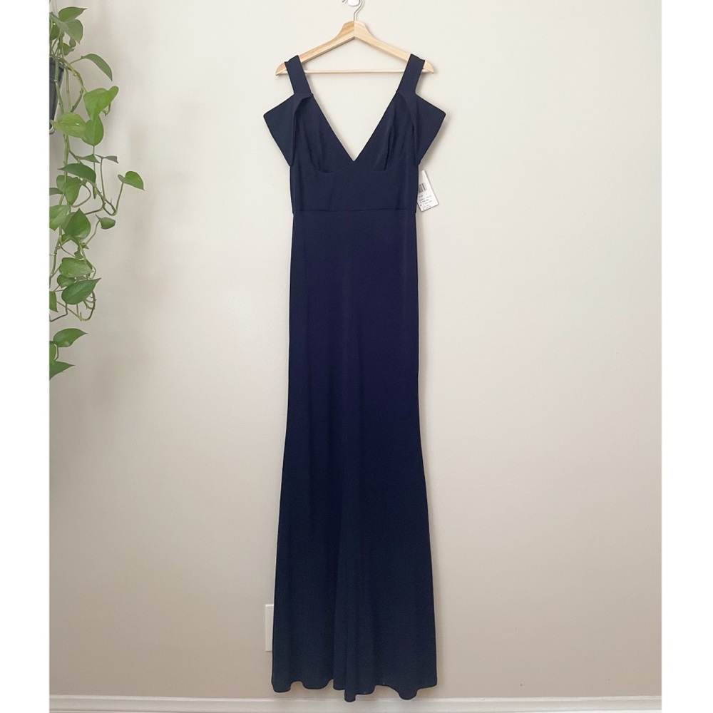 ABS by Allen Schwartz Navy Triangle Sleeve Deep V-Neck Gown - Picture 2 of 16